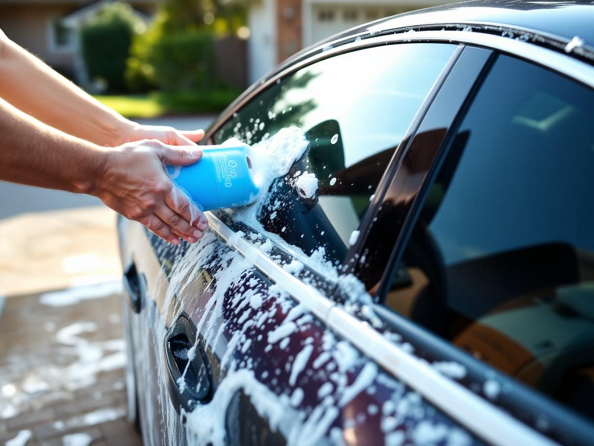 Auto wordt met de hand gewassen op de oprit