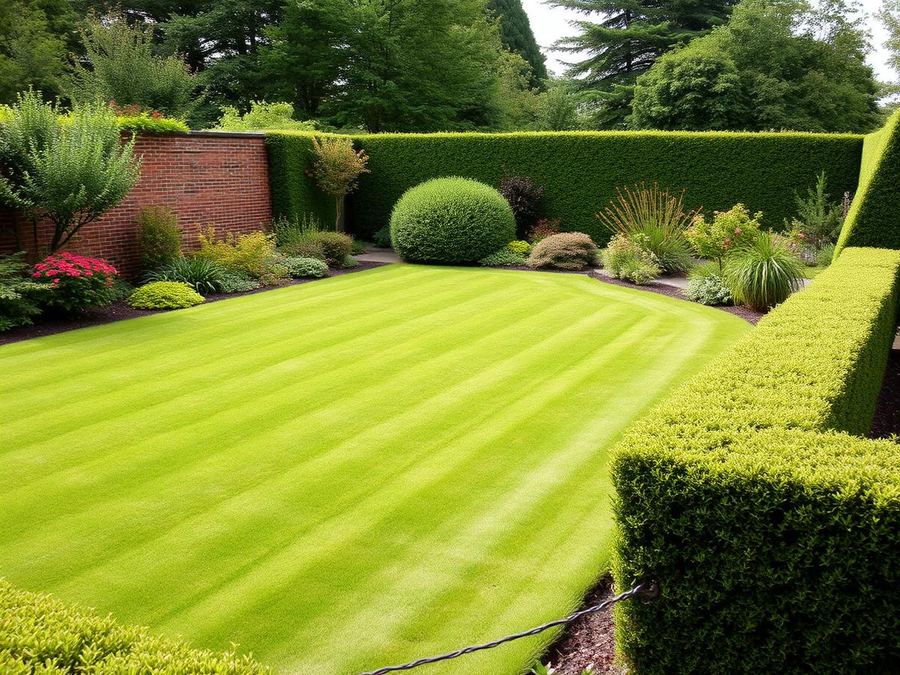 Verzorgde tuin met gemaaid gazon en gesnoeide hagen